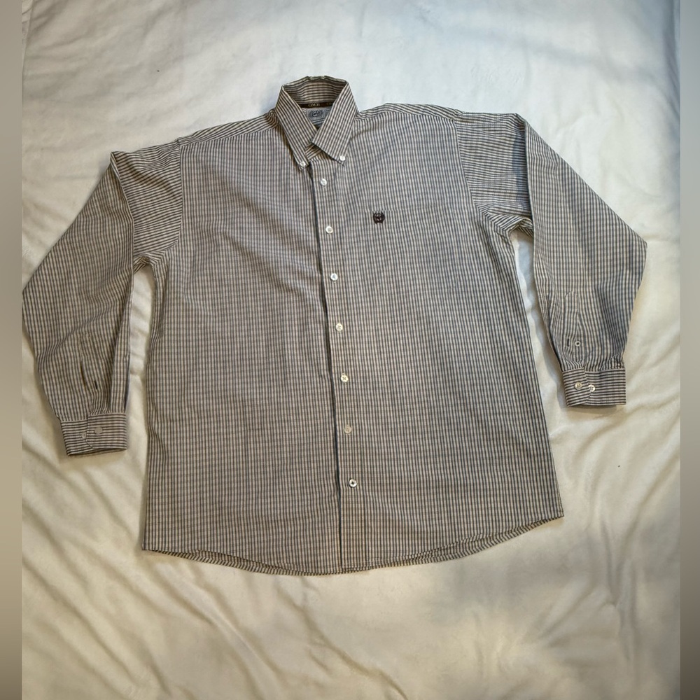 Cinch Men's Tan and Blue Striped Button Down Shirt - Picture 1 of 5